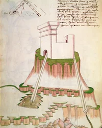Diseño para suministrar agua a un edificio mediante tuberías que extraen agua de pozos, ilustración de De Machinis